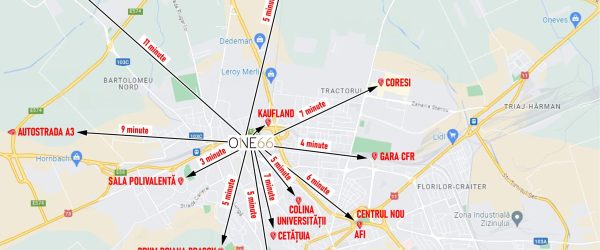 Harta cu distanÈ›elepÃ¢nÄƒ la principalele puncte de interes de la ONE66 - Central Residence Brasov.